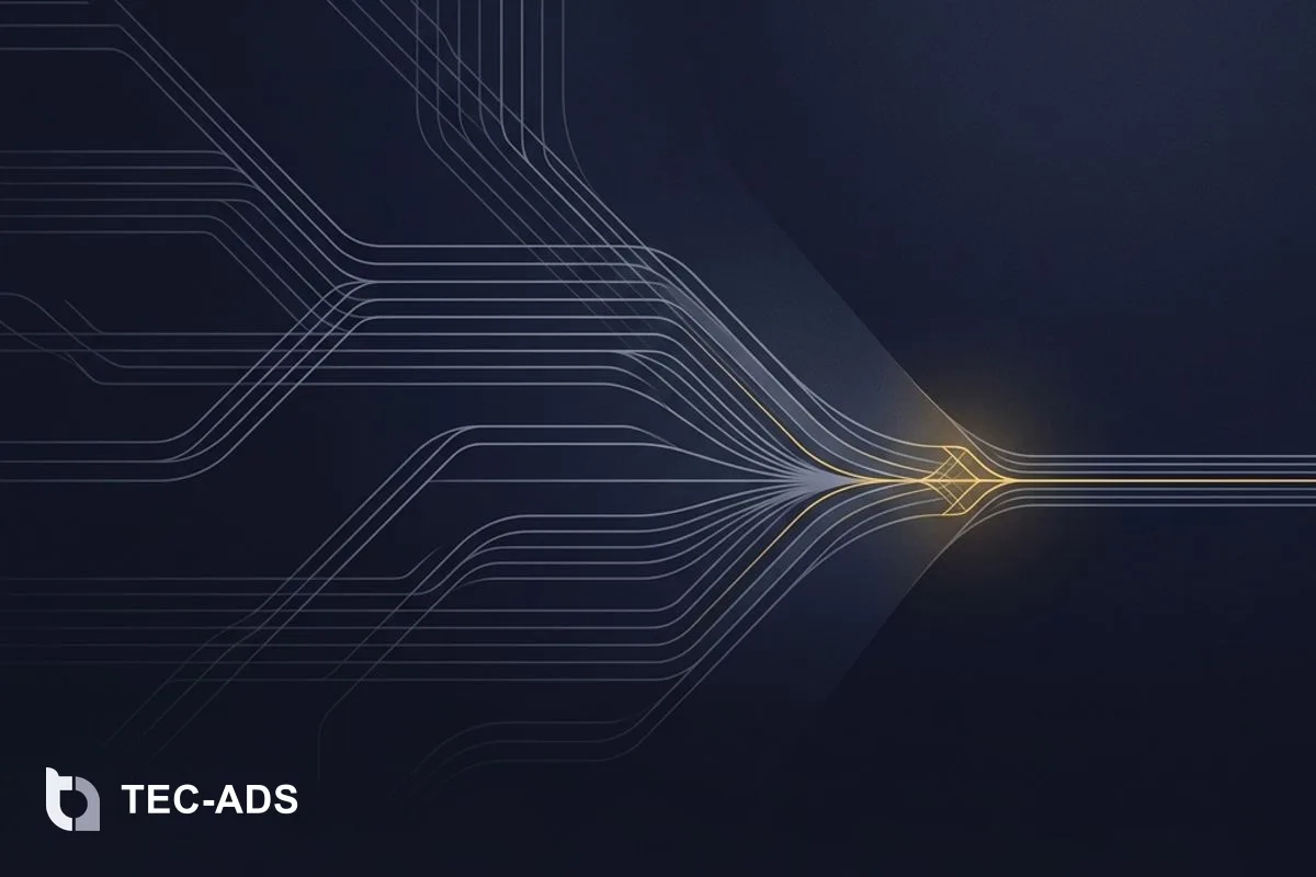 Abstract composition showing several thin navy lines merging into a single gold path.