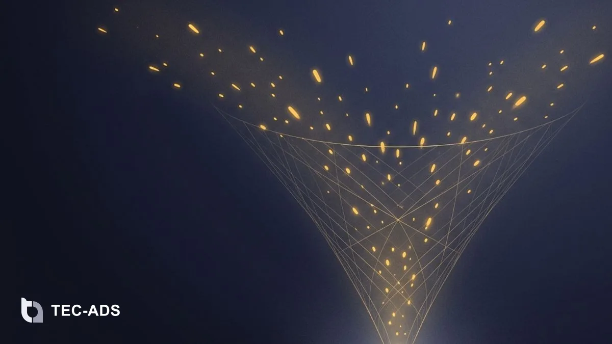 Abstract graphic showing a gold funnel of sparks converging into a single steady navy node.