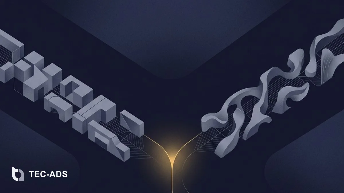 Abstract graphic showing two diverging paths in navy space: one blocky and modular, one bespoke and sculpted.