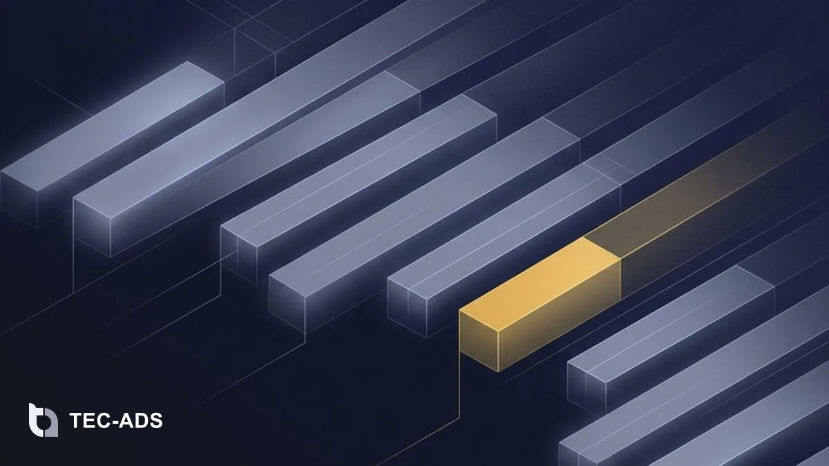 Abstract minimal spotlight graphic showing a single bright gold node surrounded by dim navy nodes.
