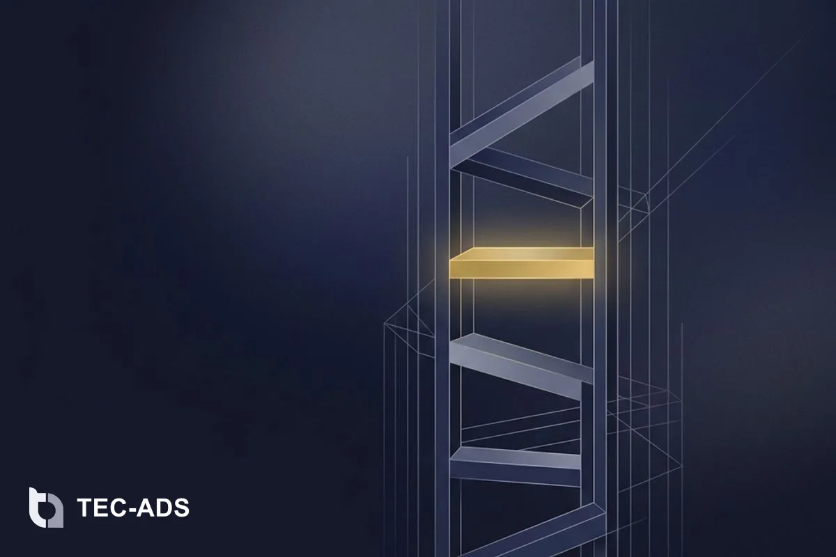 Minimalist abstract price-band ladder in navy tones with a single gold-highlighted rung representing cost metrics.