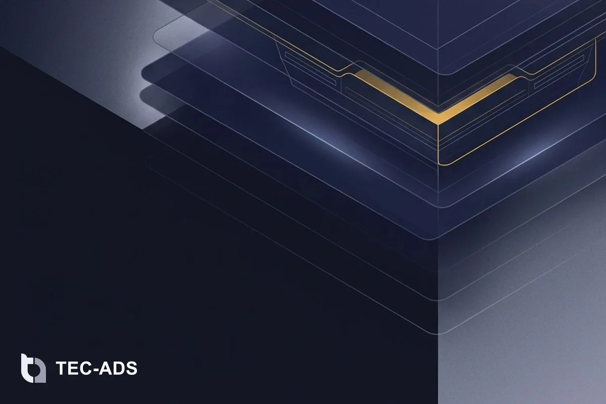 Minimalist stack of three translucent navy planes with subtle golden line accents showing layered technology levels.