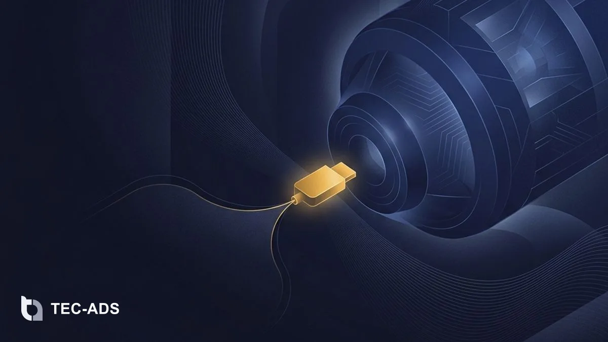 Abstract minimal graphic showing a gold connector plugging into a large, complex, luminous navy structure.