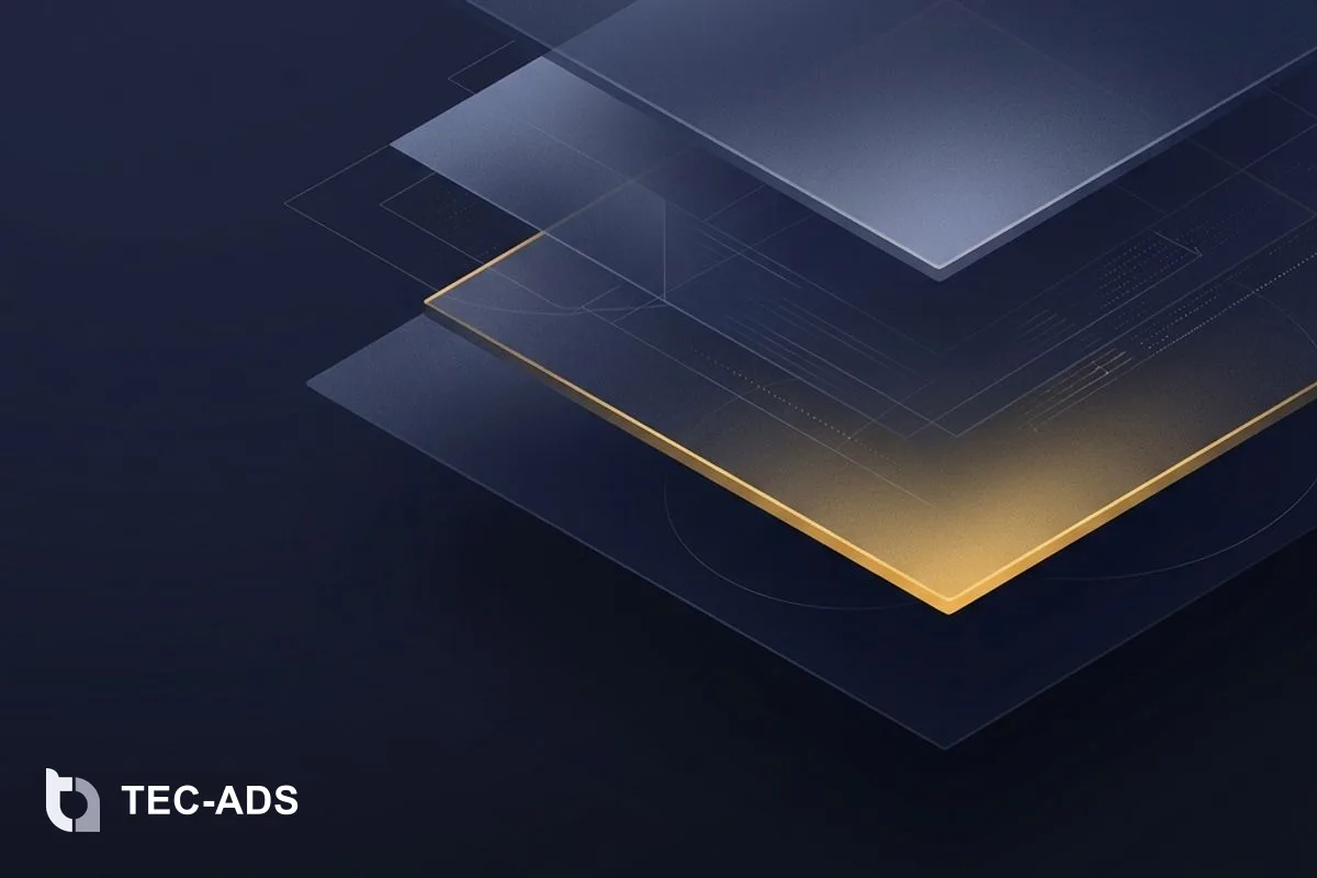 Three stacked translucent navy planes with a gold edge on the bottom layer representing discovery, build, and launch phases.