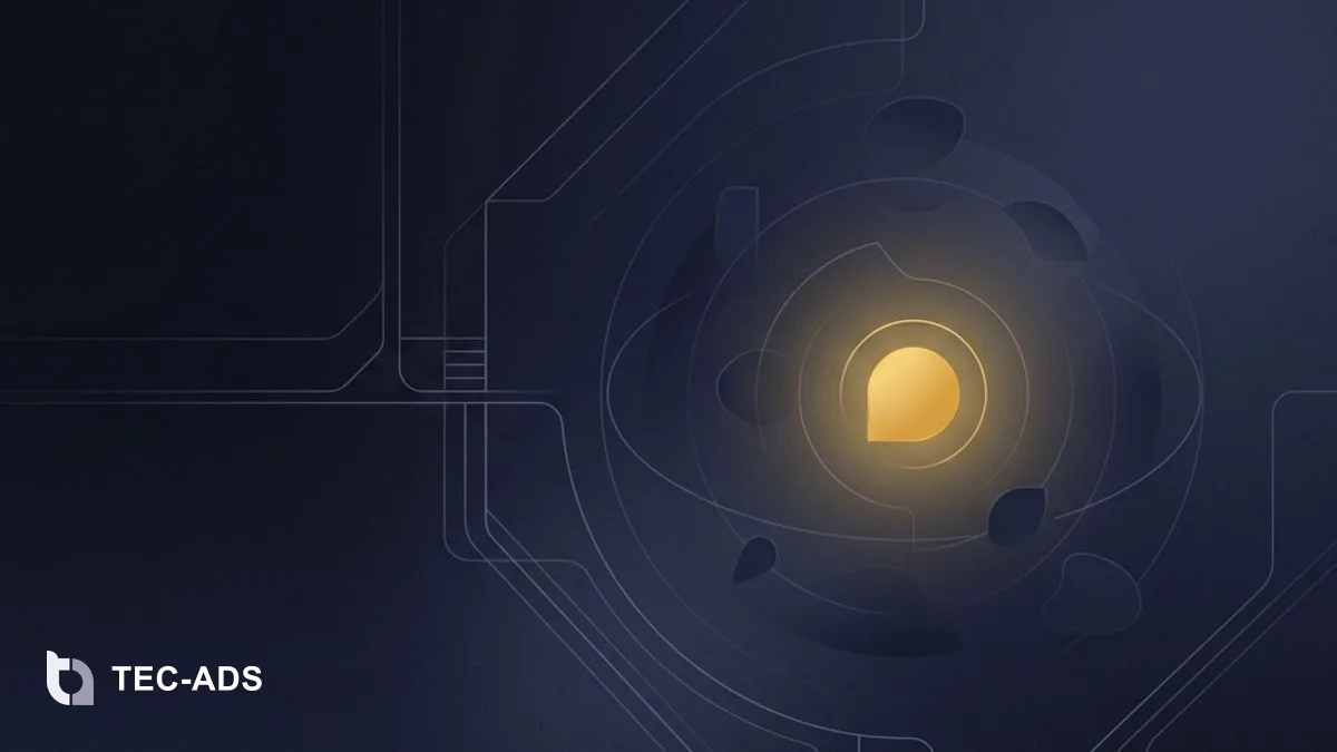 Abstract minimal visual showing a single gold point igniting and unfolding a complex navy structure.